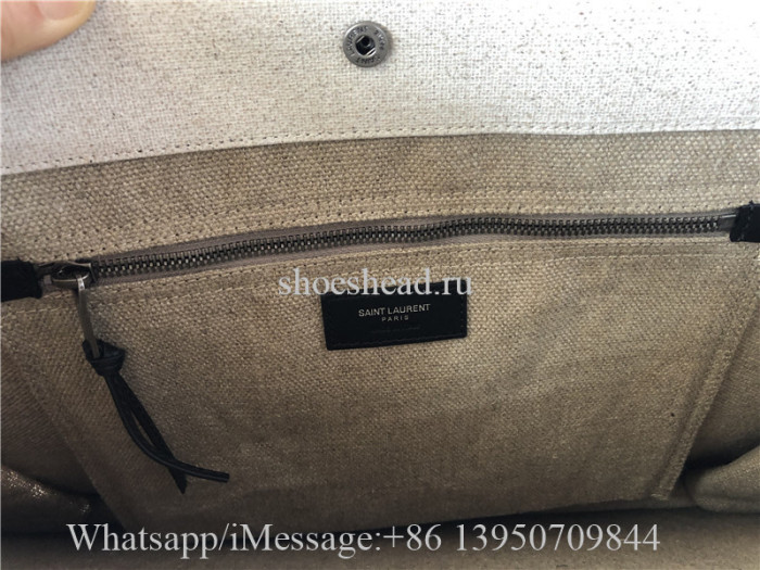 Original Saint Laurent Rive Gauche Leather-Trimmed Printed Canvas Tote Bag Off White