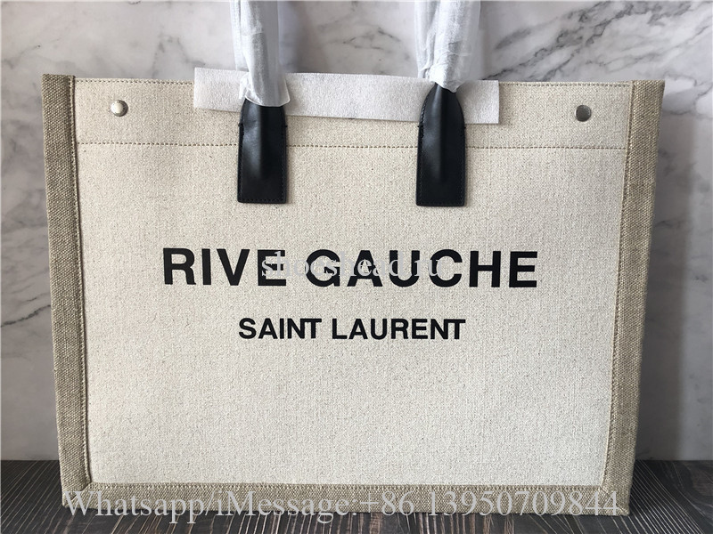 Original Saint Laurent Rive Gauche Leather-Trimmed Printed Canvas Tote Bag Off White