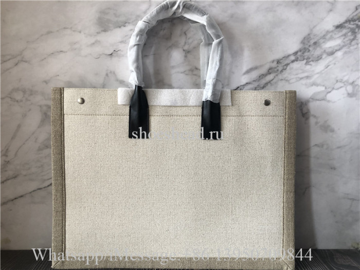 Original Saint Laurent Rive Gauche Leather-Trimmed Printed Canvas Tote Bag Off White