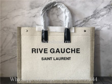 Original Saint Laurent Rive Gauche Leather-Trimmed Printed Canvas Tote Bag Off White