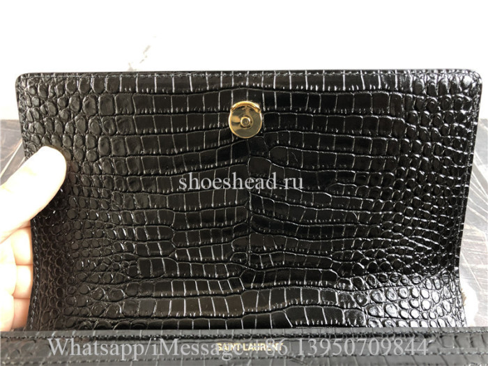 YSL Sunset Medium Chain Bag In Crocodile-Embossed Shiny Leather Bag Black