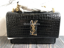 YSL Sunset Medium Chain Bag In Crocodile-Embossed Shiny Leather Bag Black
