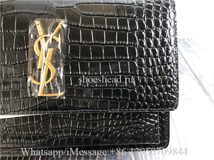 YSL Sunset Medium Chain Bag In Crocodile-Embossed Shiny Leather Bag Black