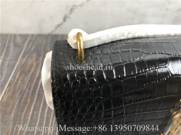 YSL Sunset Medium Chain Bag In Crocodile-Embossed Shiny Leather Bag Black