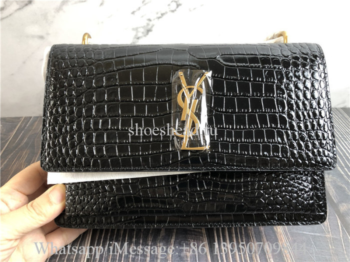 YSL Sunset Medium Chain Bag In Crocodile-Embossed Shiny Leather Bag Black