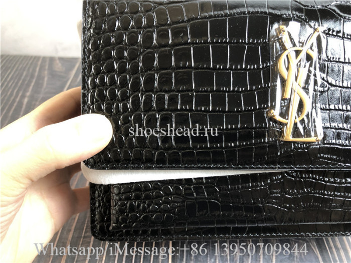 YSL Sunset Medium Chain Bag In Crocodile-Embossed Shiny Leather Bag Black
