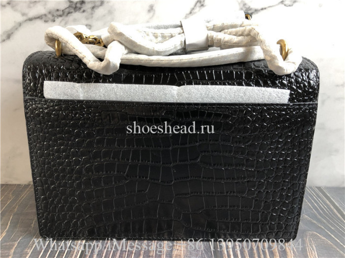 YSL Sunset Medium Chain Bag In Crocodile-Embossed Shiny Leather Bag Black