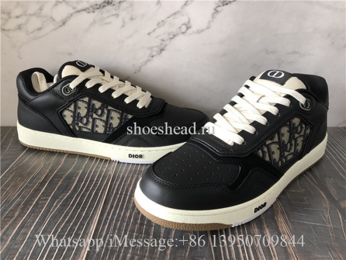 Christian Dior B27 Black Smooth Calfskin with Beige and Black Dior Oblique Jacquard Low Top Sneakers