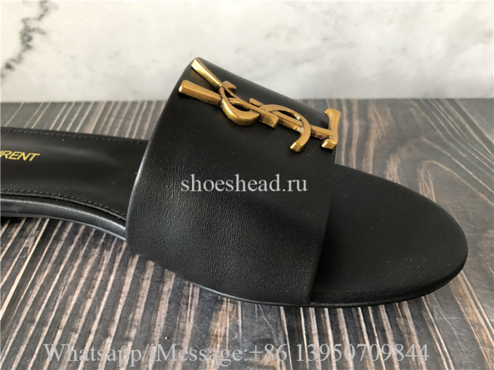 YSL Saint Laurent Black Golden Logo Slide
