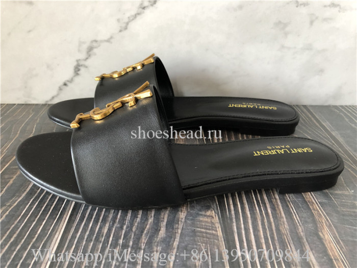 YSL Saint Laurent Black Golden Logo Slide