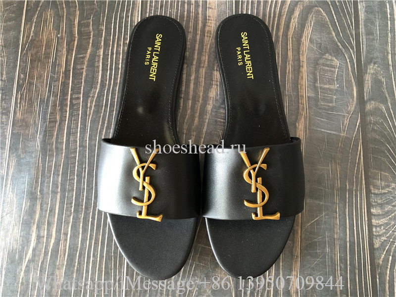 YSL Saint Laurent Black Golden Logo Slide