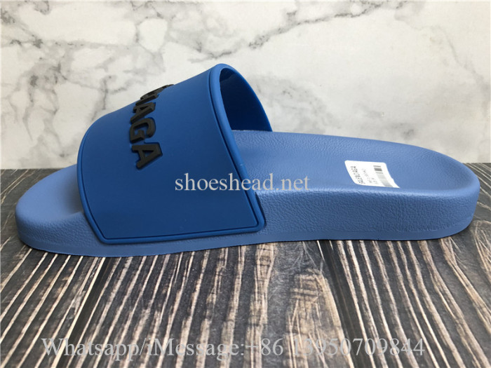 Balenciaga Rubber Logo Pool Slide Sandals Blue