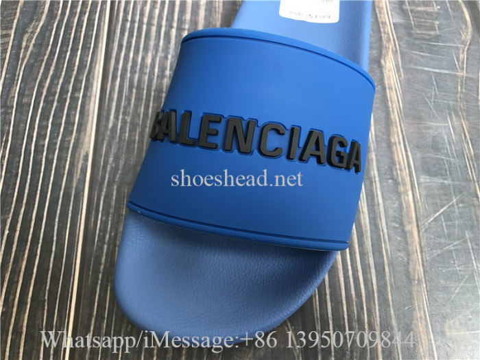 Balenciaga Rubber Logo Pool Slide Sandals Blue