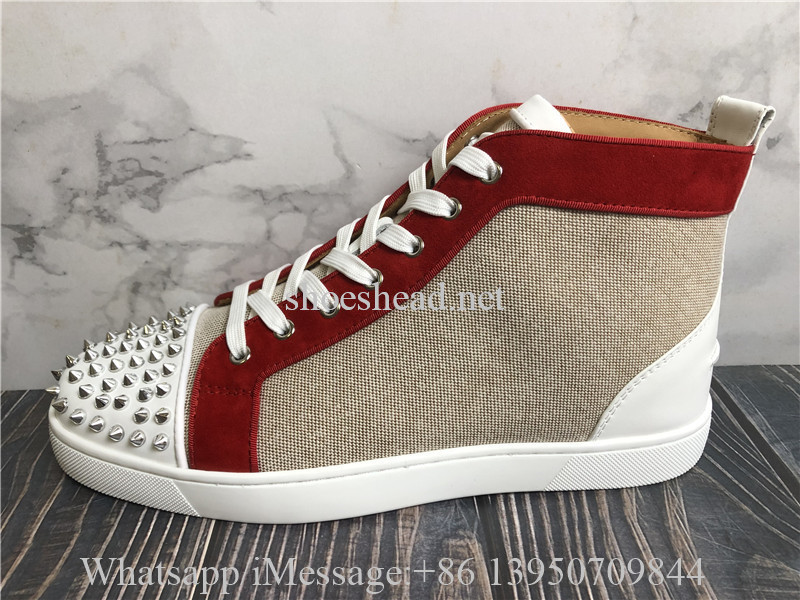 Christian Louboutin Spike Flat High Top Sneaker Beige Red