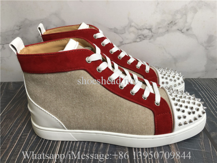 Christian Louboutin Spike Flat High Top Sneaker Beige Red