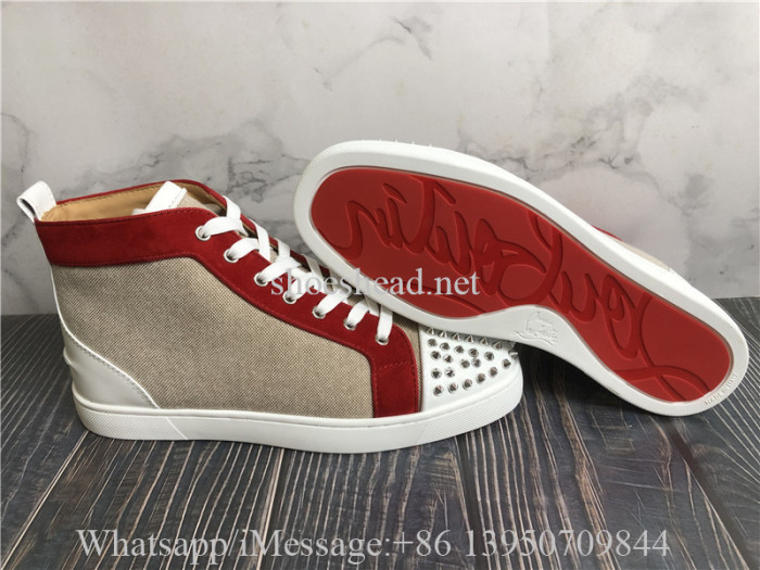 Christian Louboutin Spike Flat High Top Sneaker Beige Red