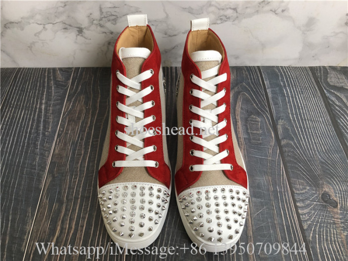 Christian Louboutin Spike Flat High Top Sneaker Beige Red