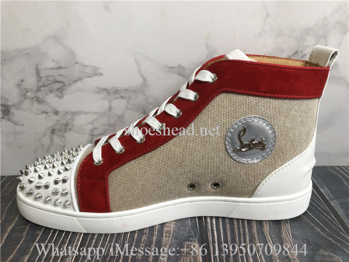 Christian Louboutin Spike Flat High Top Sneaker Beige Red