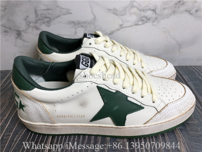 Golden Goose Ball Star In White Nappa Leather With Green Leather Star And Heel Tab Sneaker