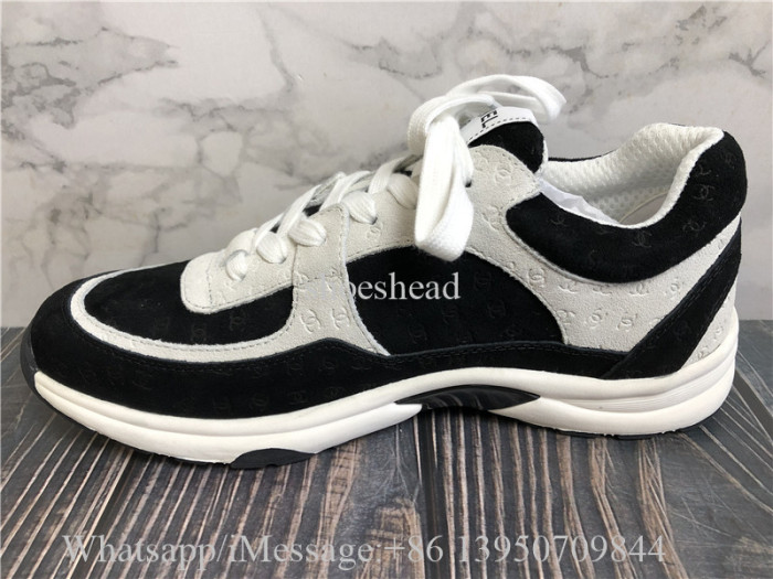 Chanel CC Embossed Logo Black White Suede Sneaker