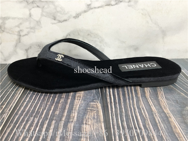 Chanel Interlocking CC Logo Velvet Flip Flops Slides