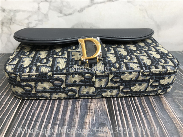 Original Dior Medium Saddle Pouch With Chain Blue Dior Oblique Jacquard And Smooth Calfskin