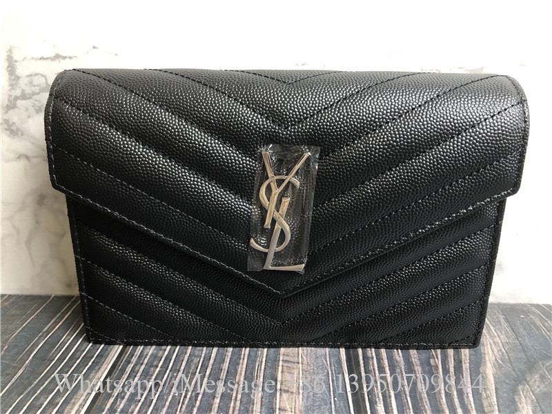 Original Saint Laurent YSL Cassandre Envelope Chain Wallet In Grain De Poudre Leather