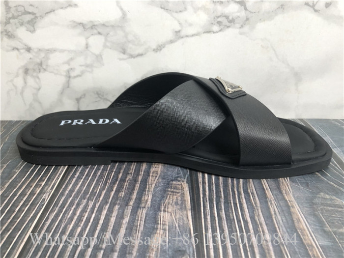 Prada Saffiano Leather Crisscross Cross-strap Sandals Black