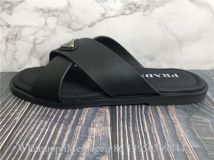 Prada Saffiano Leather Crisscross Cross-strap Sandals Black