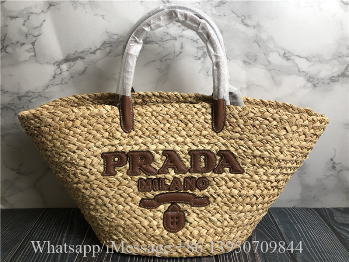 Original Prada Large Raffia And Leather Shopping Tote Bag