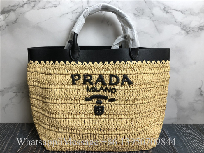 Original Prada Tan Black Small Crochet And Leather Tote Bag