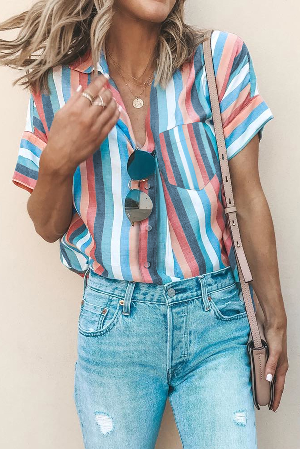  Ladystar Sky Blue Gingham Play Button Down Shirt