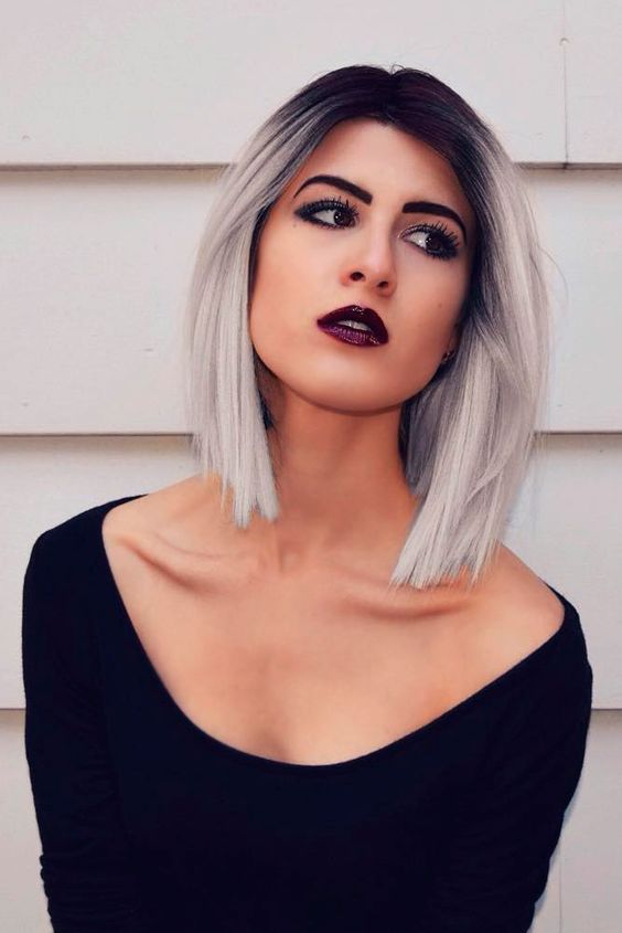  15 Chic Ombre Short Hair Ideas,[Ladystar Wigs]Grey Dark Roots Ombre Silver Bob Lace Front Wig
