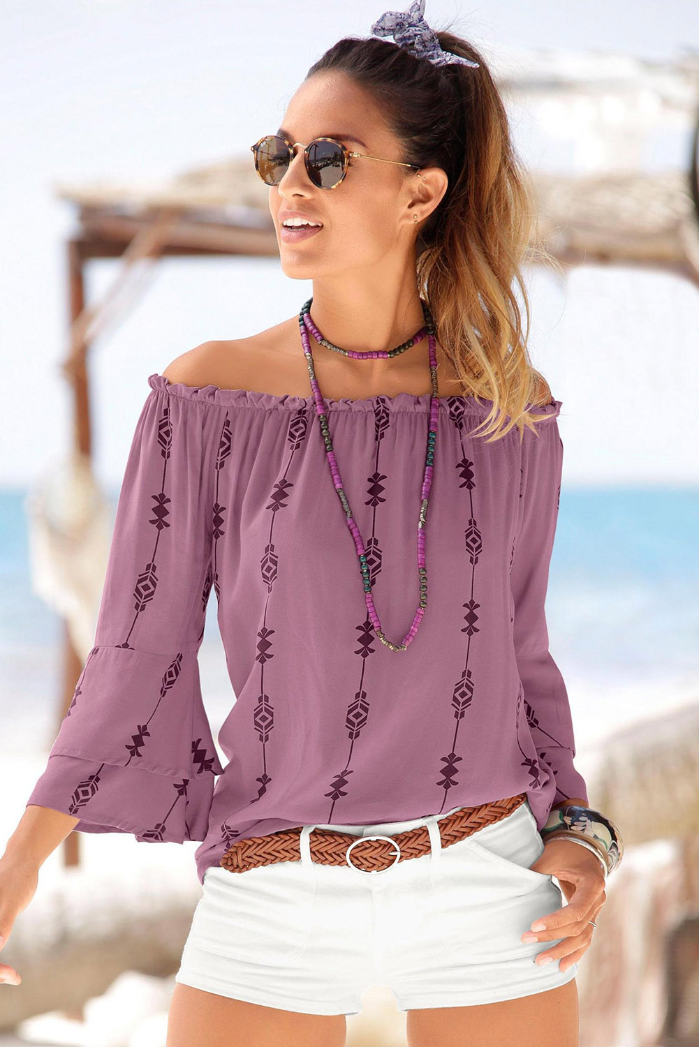 Ladystar Purple Elasticised Neck Floral Print Blouse