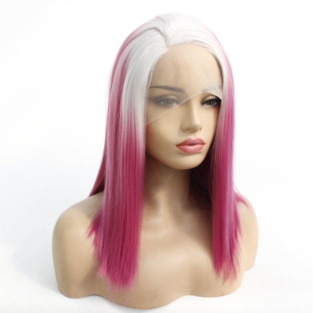 Us 47 56 Ombre Pink Bob Synthetic Wig Straight Hair Lace Front