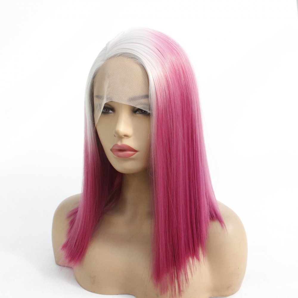 Us 47 56 Ombre Pink Bob Synthetic Wig Straight Hair Lace Front