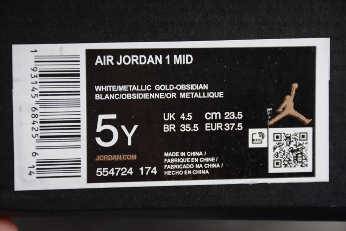 Air Jordan 1 Mid White Metallic Gold Obsidian 554724-174