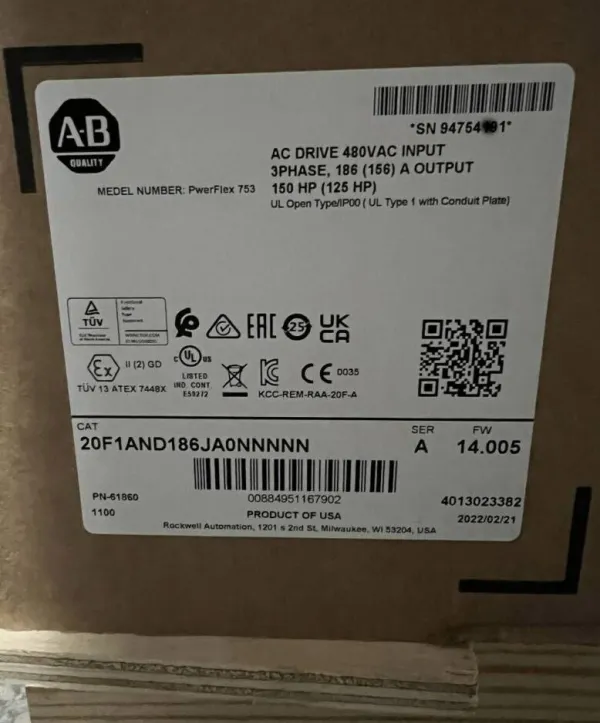 New sealed 20F1AND186JA0NNNNN Allen Bradley PowerFlex 753 AC Packaged Drive