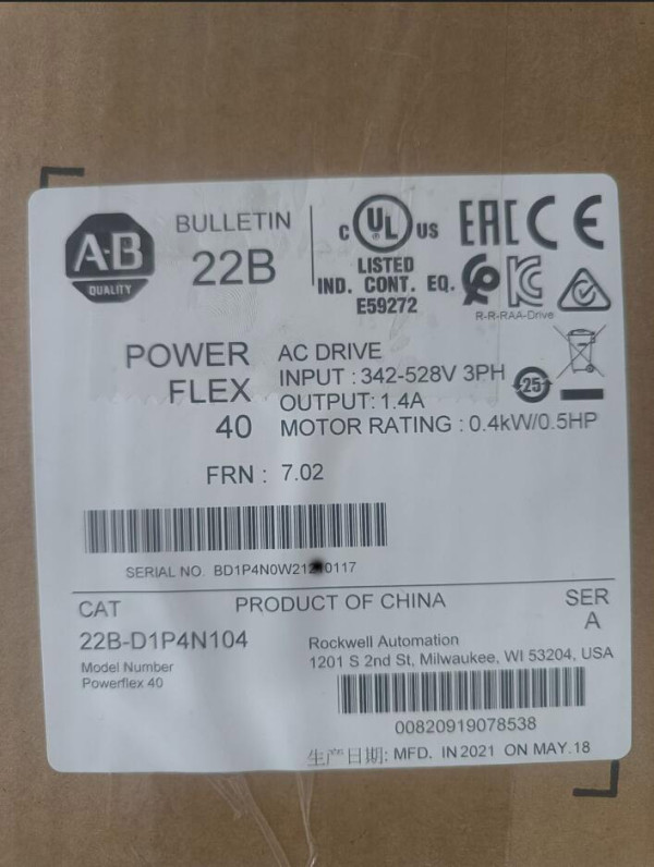 New sealed Allen Bradley 22B-D010N104 PowerFlex 40 AC Drive, 480V AC, 3-Phas
