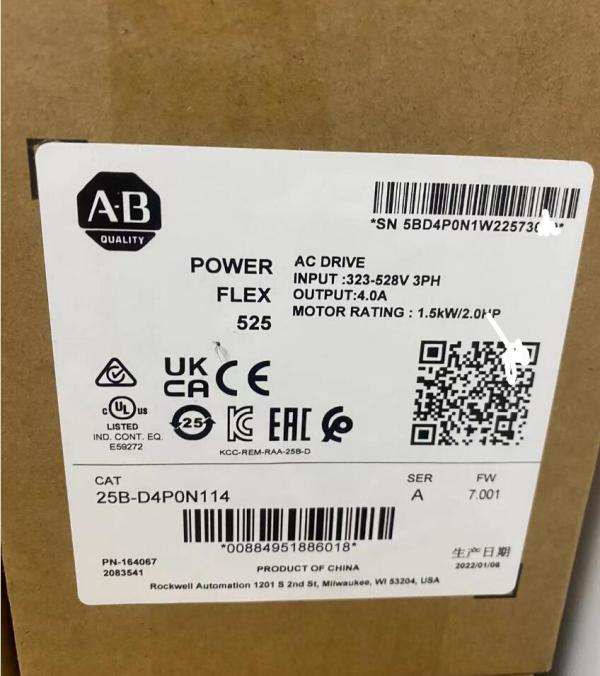 New sealed Allen Bradley 25B-D4P0N114 PowerFlex 525 AC Drive, with Embedded