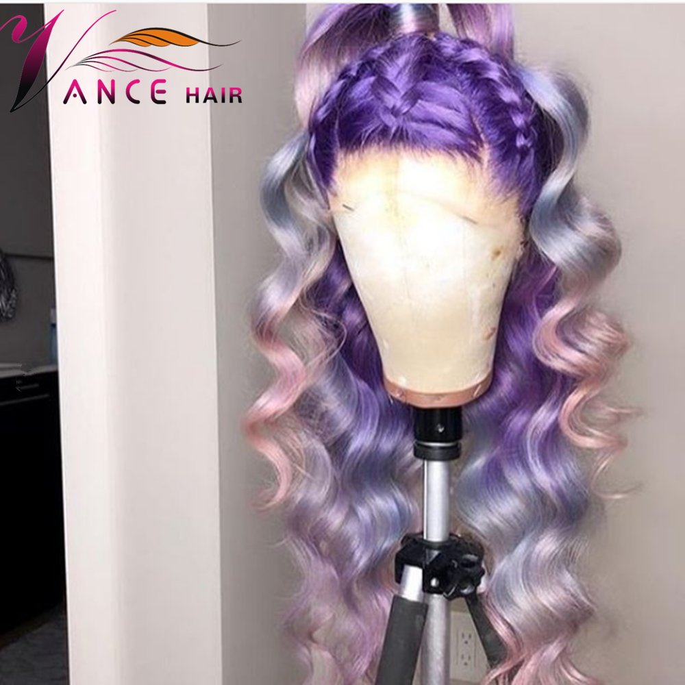 Glueless Omber Violet Gray Brown Powder Wig 150 Density Full Lace