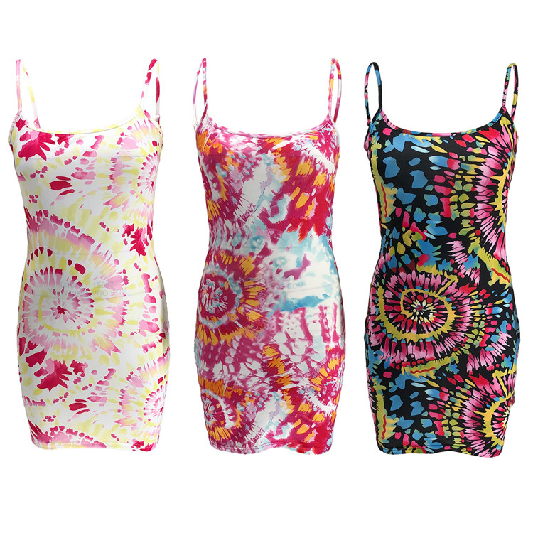 Amazon Hot Fashion Summer Women Clothes Tie-Dye Colorful Print Sling Slim  Sexy Casual Dress