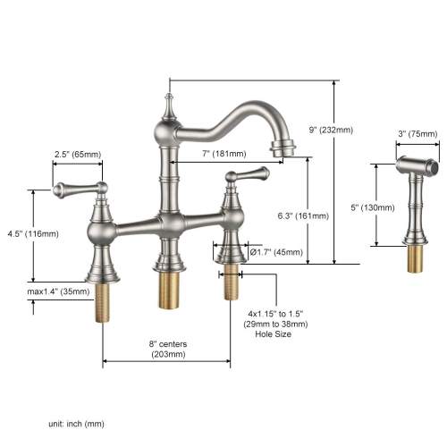 Brass 2 Handle Widespread 8 Kitchen Faucet With Sprayer