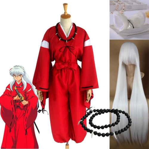 Inuyasha Cosplay Costumes Red Japanese Kimono Wigs Ears And Necklace