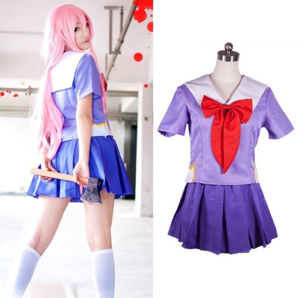 Future Diary Gasai Yuno Mirai Nikki School Uniform Cosplay Costume Suit Wig