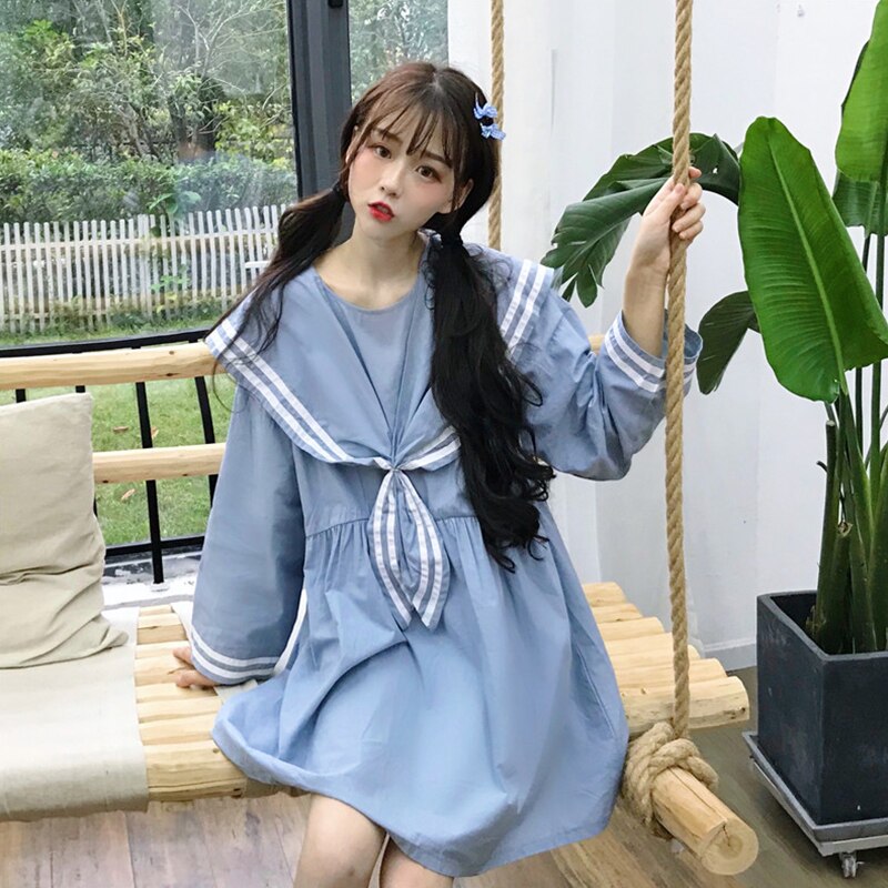 Japanese Sailor Collar Shirt Dress Women Casual Bow Loose Mini ...