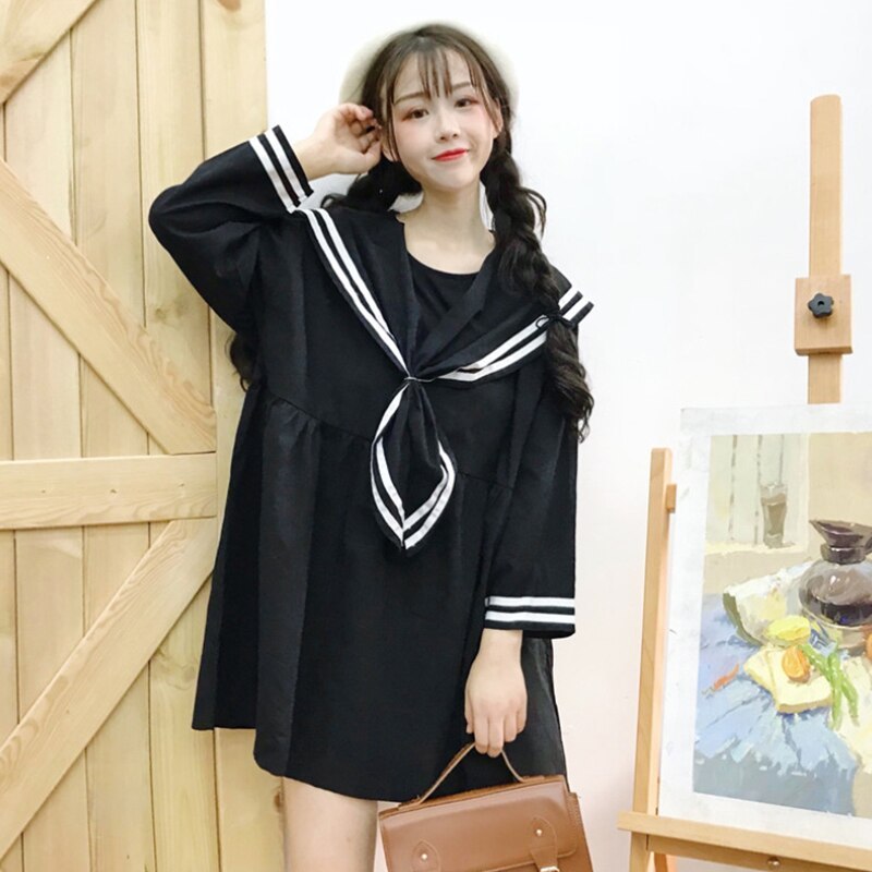 Japanese Sailor Collar Shirt Dress Women Casual Bow Loose Mini