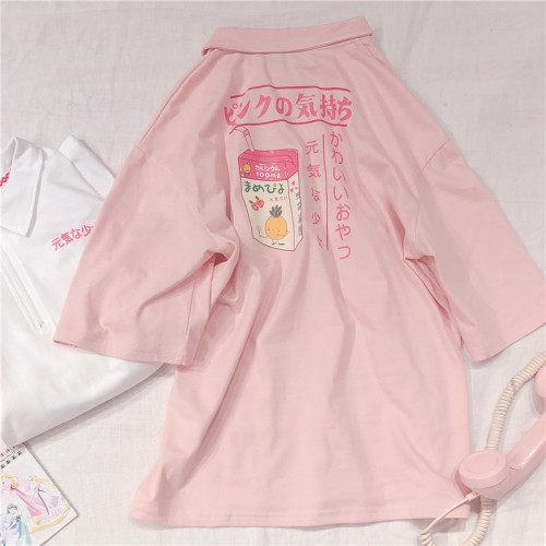 Harajuku Genki Girl Print Pink Polo Student Top T-shirt