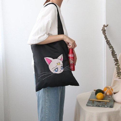 Sailor Moon Satin Embroidered Luna Cat Shoulder Bag Handbag Cute Animal Tote Satchel Purse Anime Cosplay Bags Women Girls Gift
