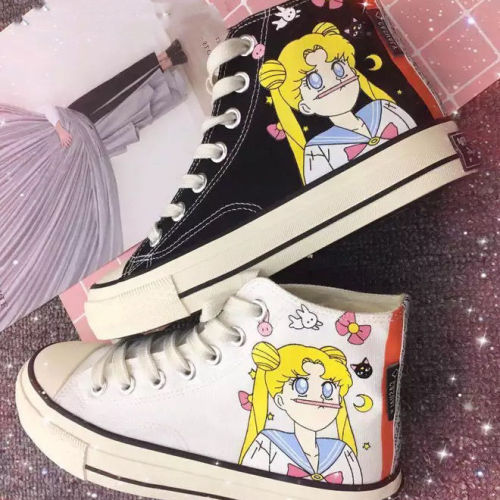 Anime Sailor Moon Cartoon Harajuku Hand Painting Canvas Shoe